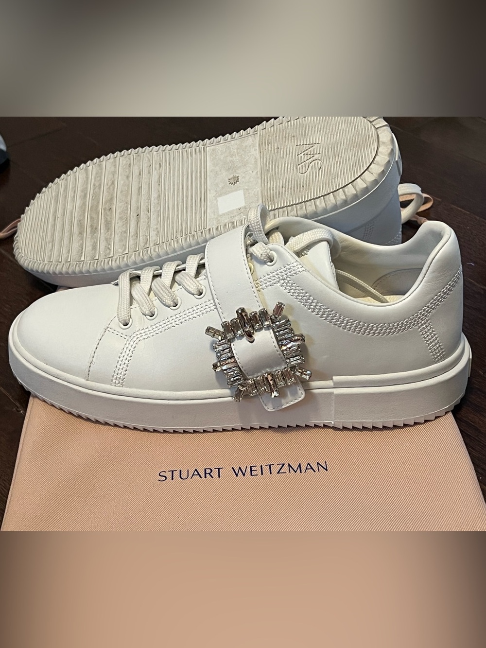Stuart Weitzman White Leather Sneakers with Crystal Buckle